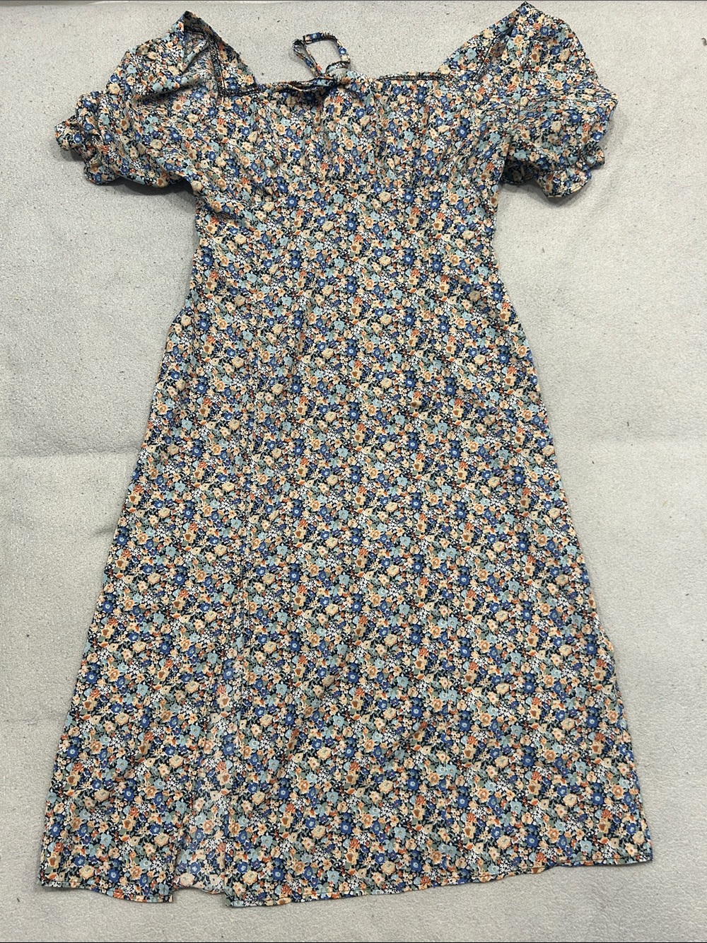 SHEIN Blue & Peach Floral Puff-Sleeve Women’s Dress with Slit